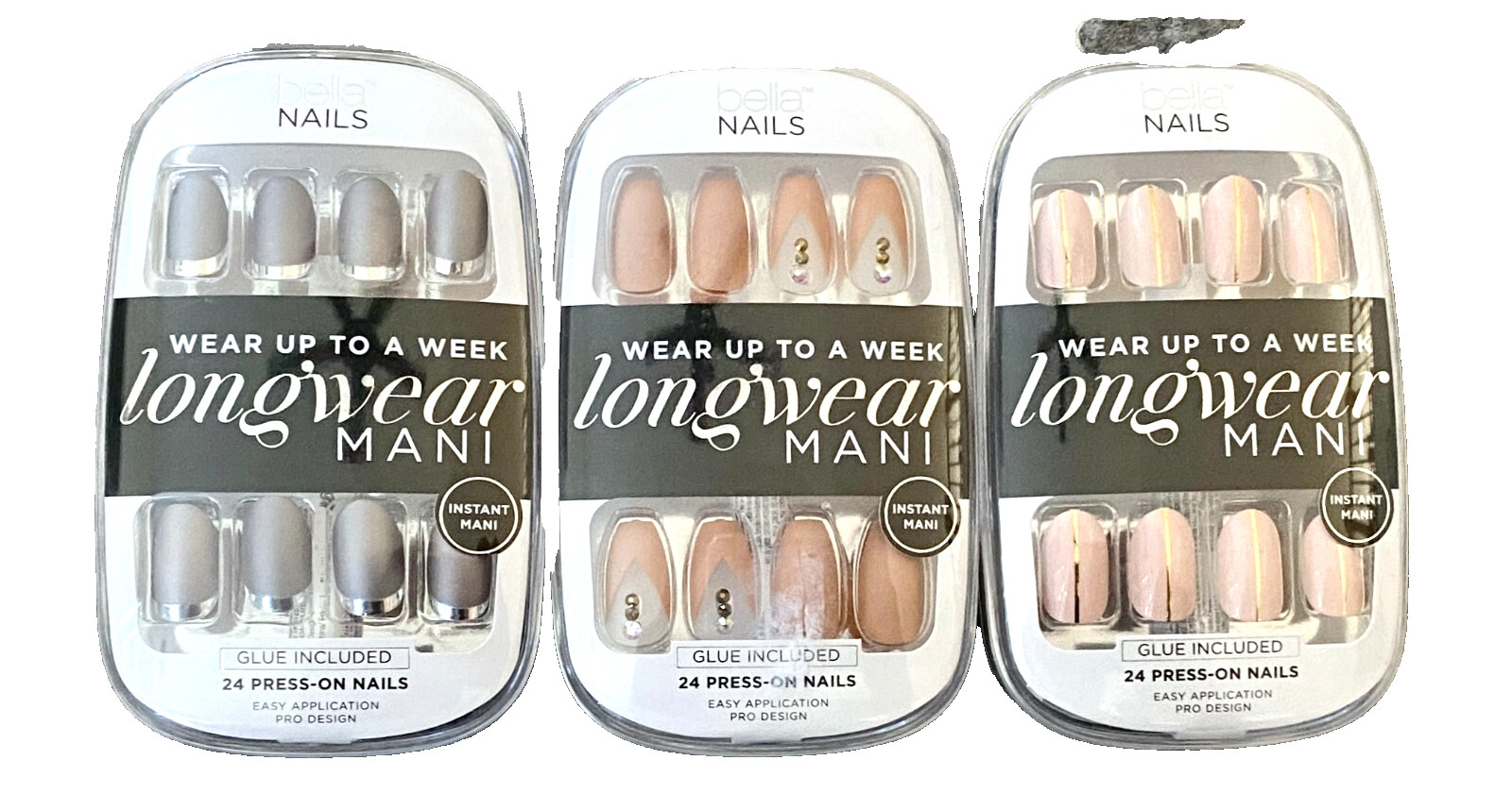 3-Pack New Bella Nails Longwear Instant Mani Press-On Nails – No Reps! (Sealed)