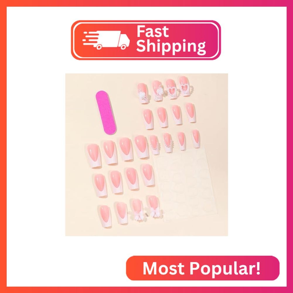 Mkwntg French Tip Press on Nails Medium Square Fake Nails Full Cover Coffin Fals