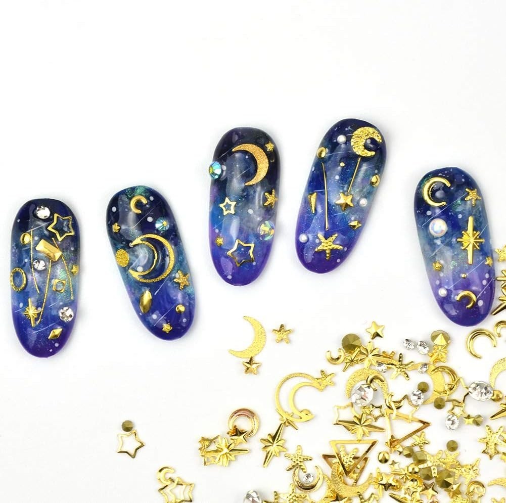 3D Gold Star & Moon Nail Charms – Sparkle Rhinestone Art for Valentine’s Day