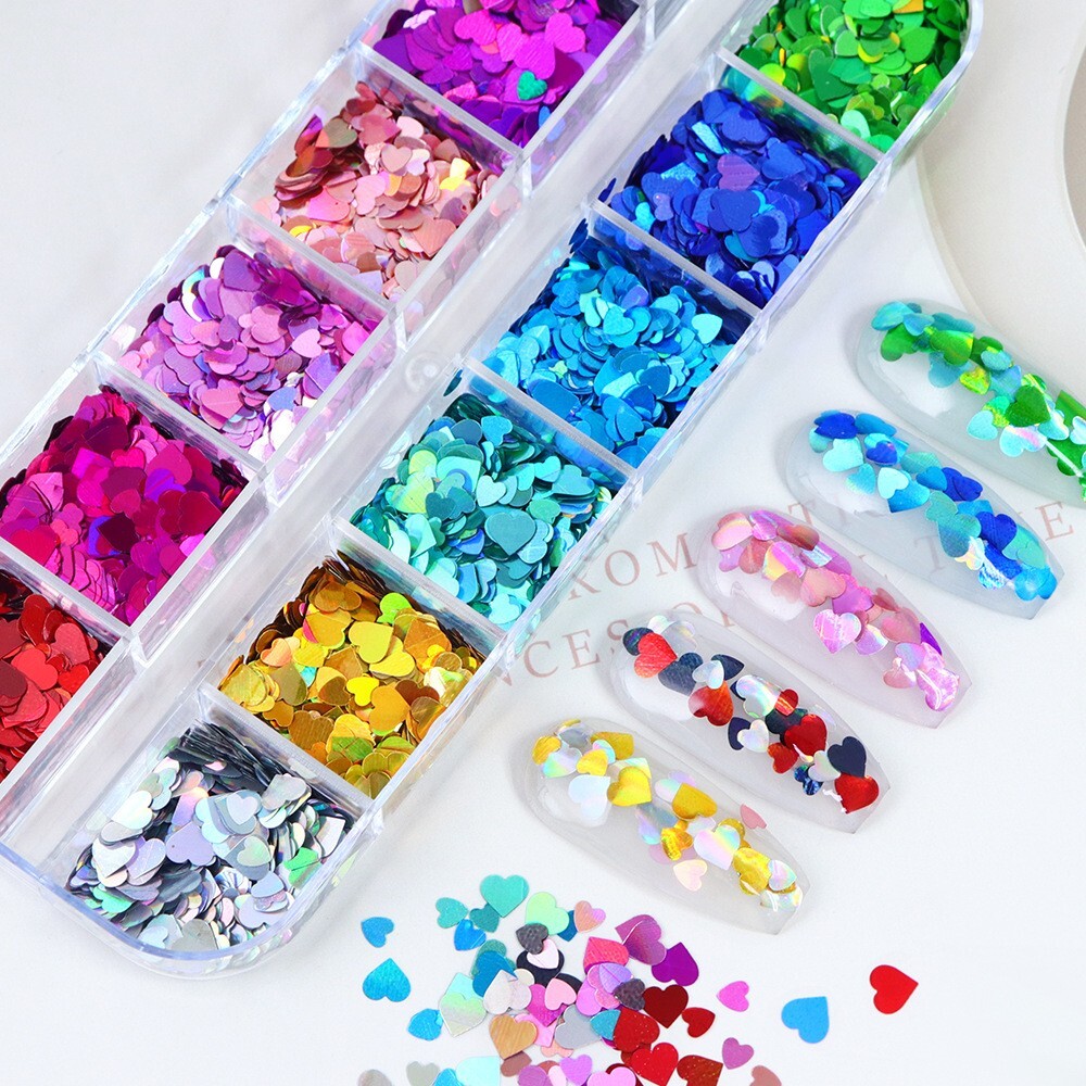 12 Grids Sparkly Love Nail Art Glitter Sequins Flakes Nails Stickers Decortion