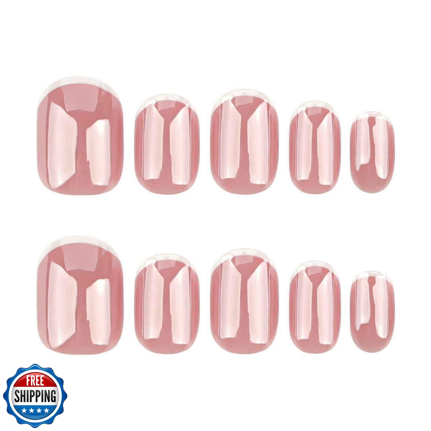 Chrome French Tip Press on Nails Extra Short Square Shaped Fake Nails Glossy