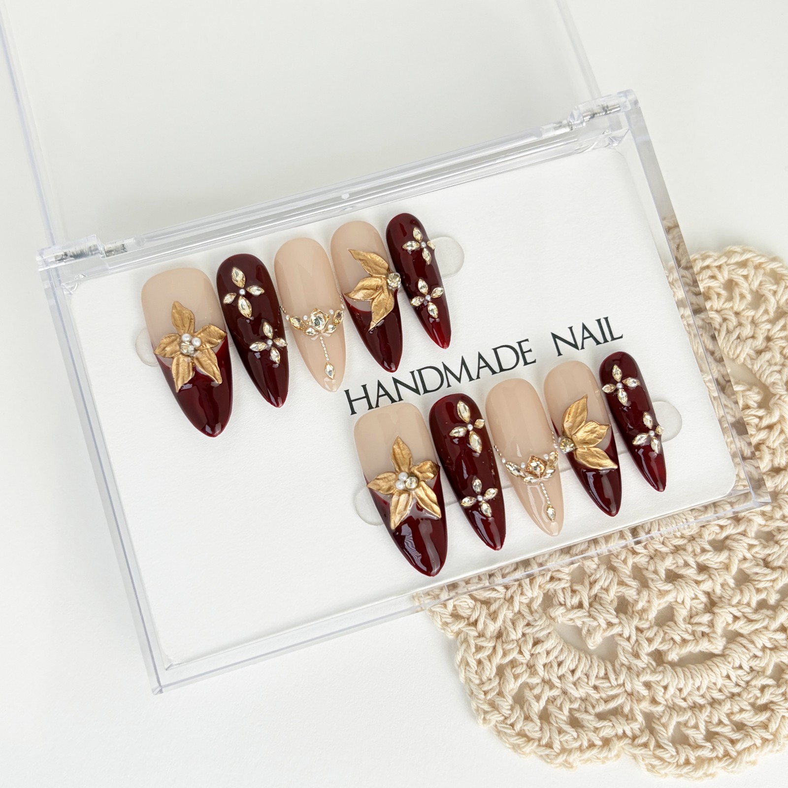 Vintage Gold Maple Leaf Red Press-On Nails with Pearls & Rhinestones Long Almond
