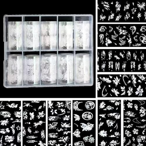 10 Rolls White Flower Nail Foil Holographic Nail Art Foil White Flower Style