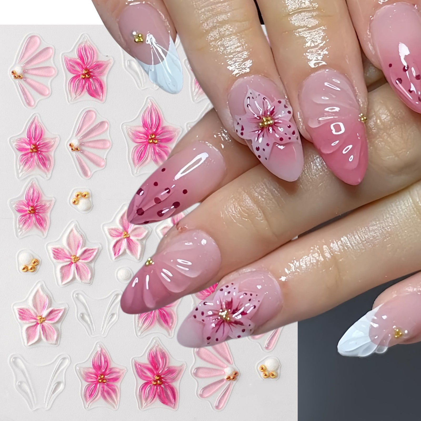 3 Sheets Flower Nail Stickers Decals 5D Embossed Flower Nail Decals Hibiscus …