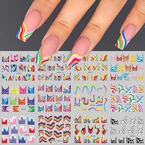 12 Designs Abstract French Tips Nail Art Sticker Colorful Rainbow Wave Stripe