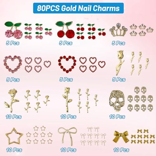 pcs Gold Nail Charms Set with Rose, Cherry, Bow, Hearts, Star, Flowers, 80
