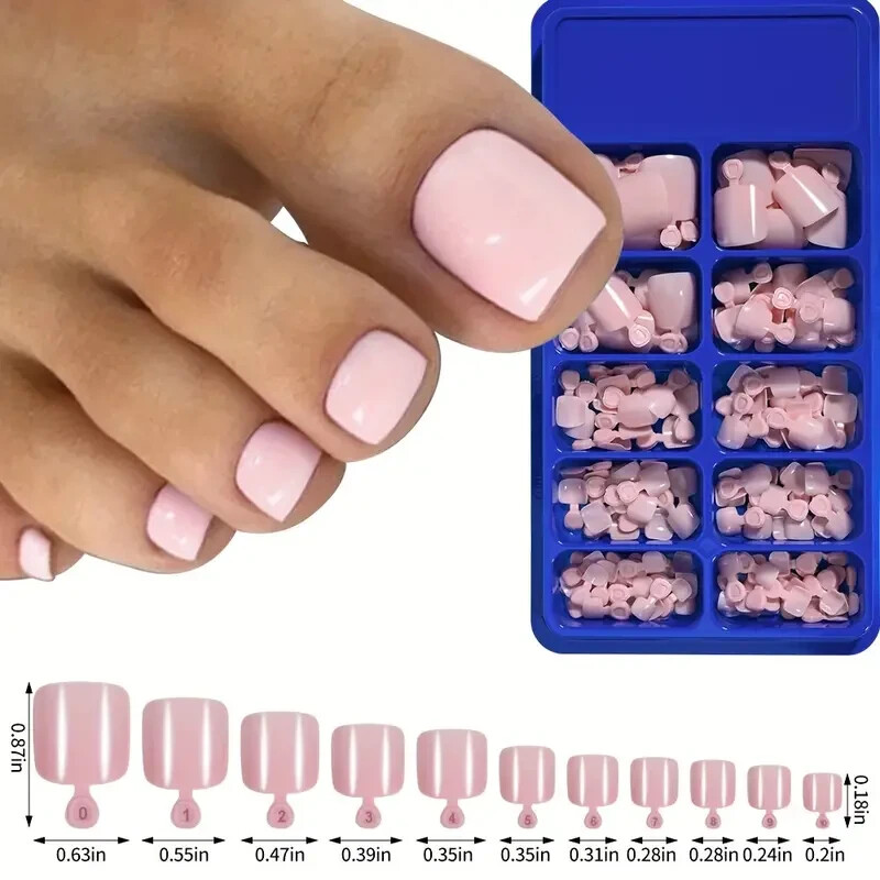 100Pcs Fake Toenail Tips Set Nail Art Toe 11 Sizes in Box Nude-Pink Press On A4