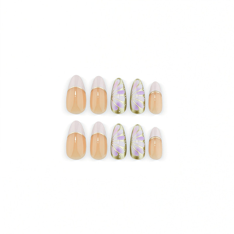 48 Pcs Gold Line Shell Gradient Oval Press on Nails, Soft Beach Nude Fake Nails