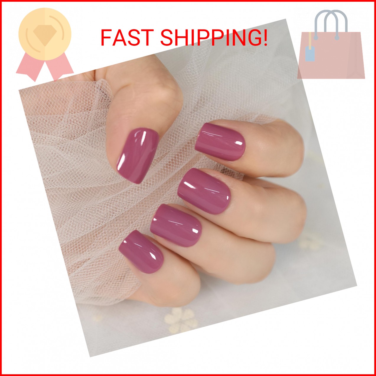 ELEVENAIL Daily Glossy Deep Purple Pink Red Press on False Nails Short Square Fa
