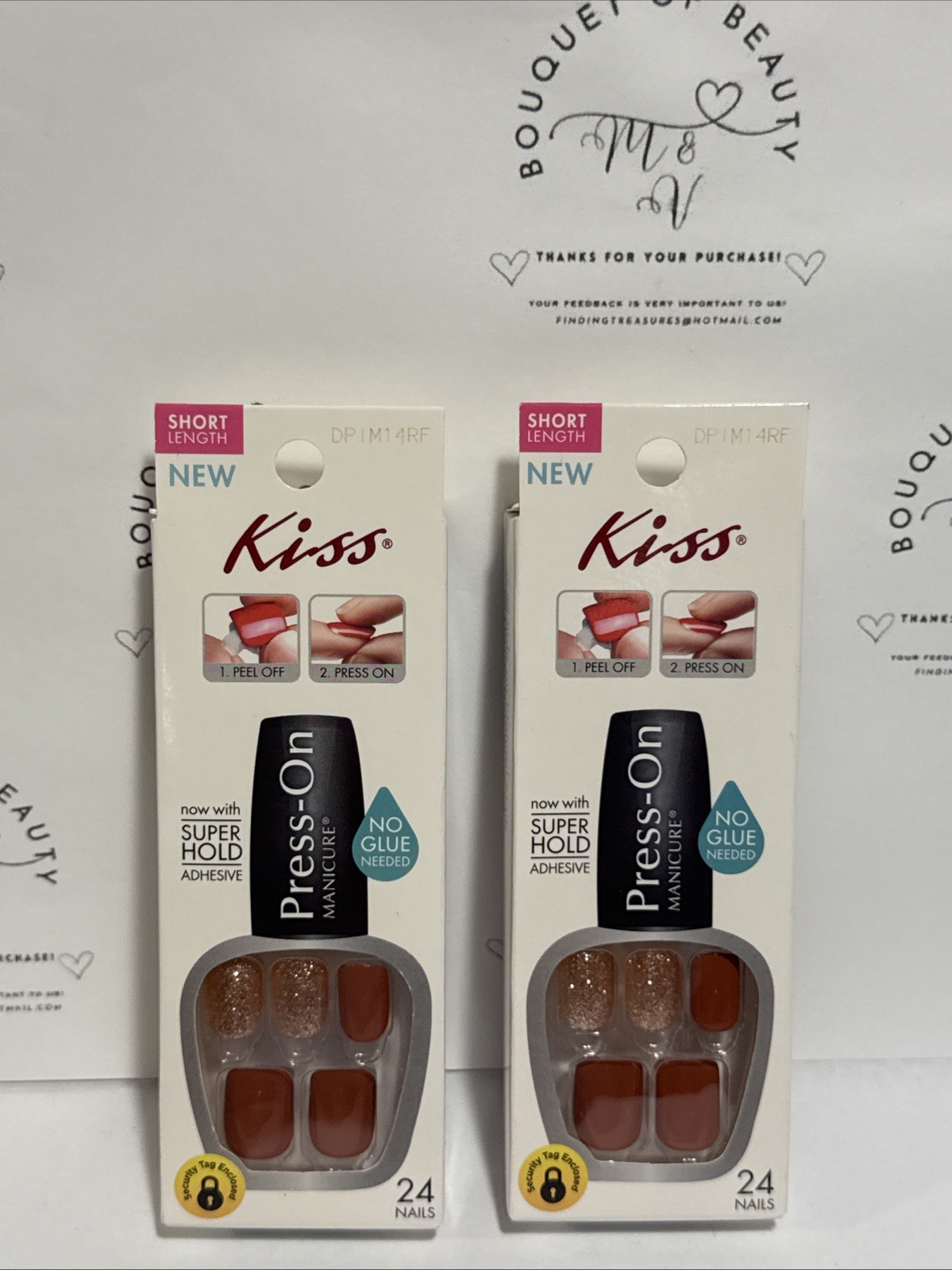 2 Sets Kiss Press-On Nails EAT, PRAY, LOVE(S)Shiny+Glitter Solid Brown+Gold NEW!