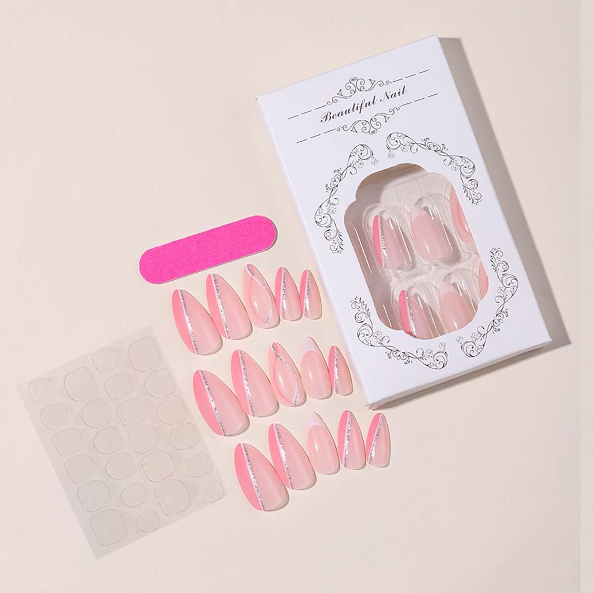 24Pcs French Tip Press on Nails Medium Almond Fake Nails White Silver Curve F…