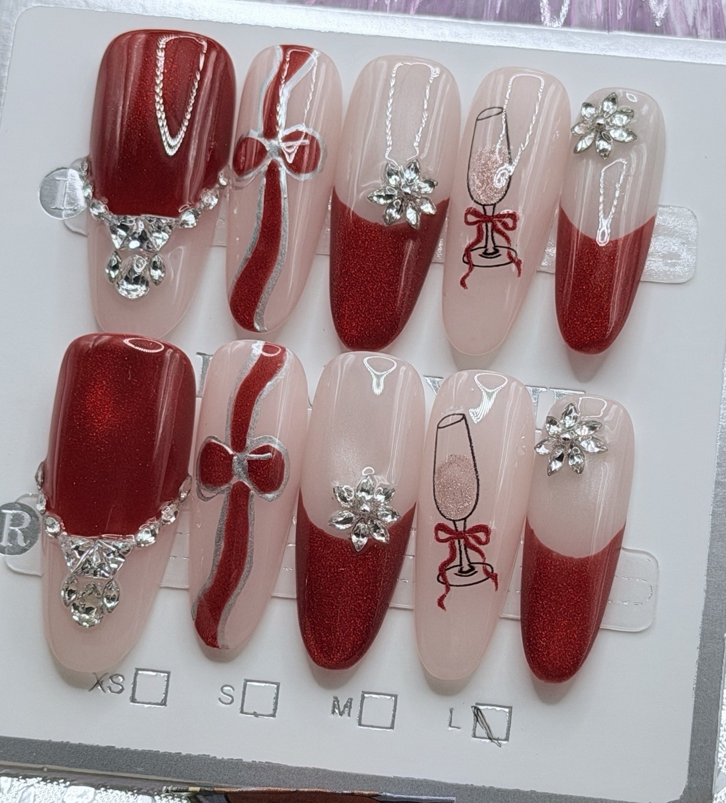 10 Pcs Handmade Valentines Day Long Stiletto Nails Bows 3D Rhinestones Champagne