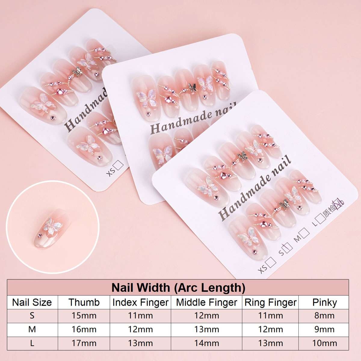 10pcs Long Square French Manicure Press-On Nails, Light Pink Butterfly Design