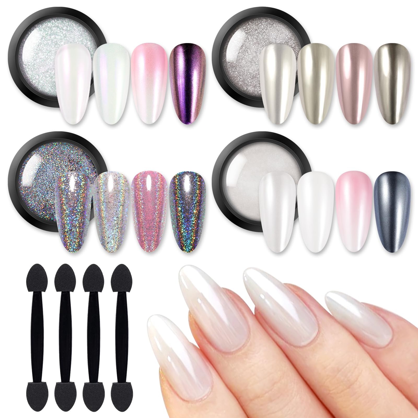 BORN PRETTY Chrome Nail Powder,White Pearl Metallic Mirror Holographic Chrome Po