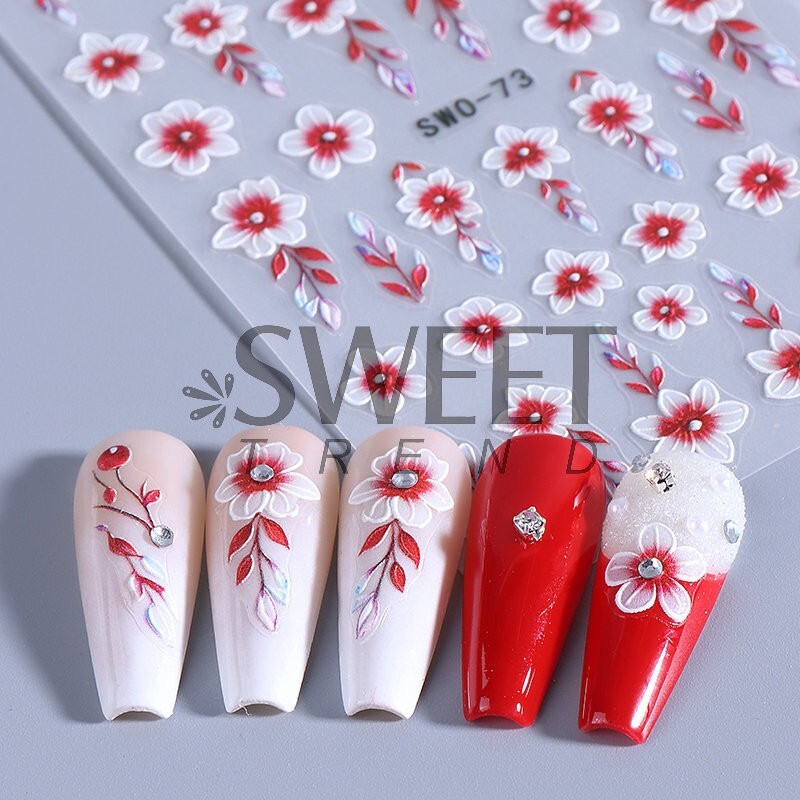 5D Red Pink Flower Camellia Nail Stickers Geometric Floral Butterfly Daisy Decal