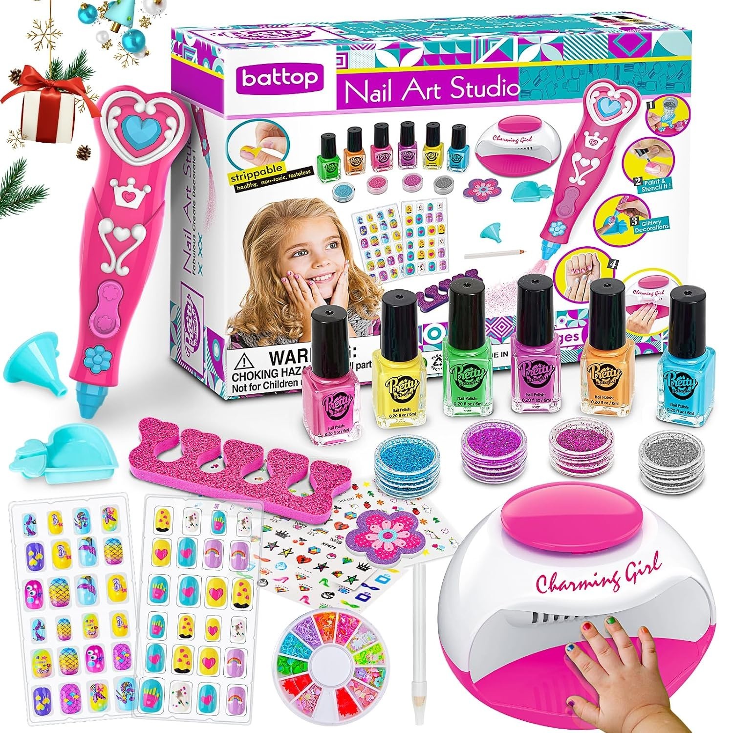 BATTOP Kids Nail Polish Set Nail Art Kit Dryer Glitter Gift Ages 6-12 Pink