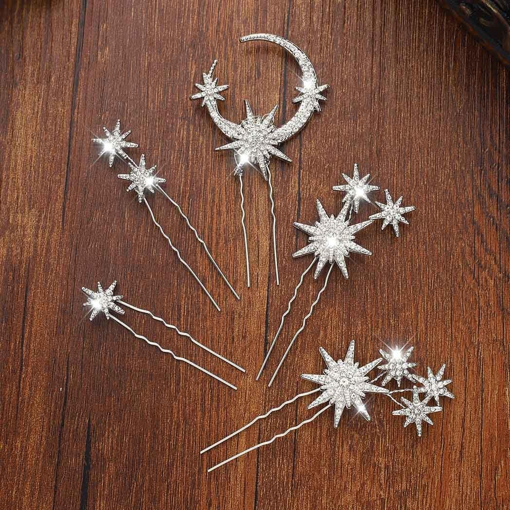 Unicra Star Moon Bride Wedding Hair Pins Crystal Bridal Pieces Silver