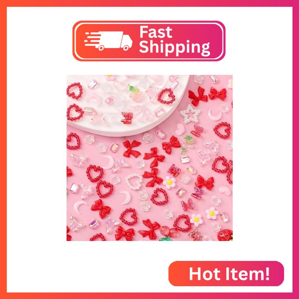 COOSLIM 120 Pieces 3D Resin Strawberries, Butterfly Flower Nail Charms, Rose Flo