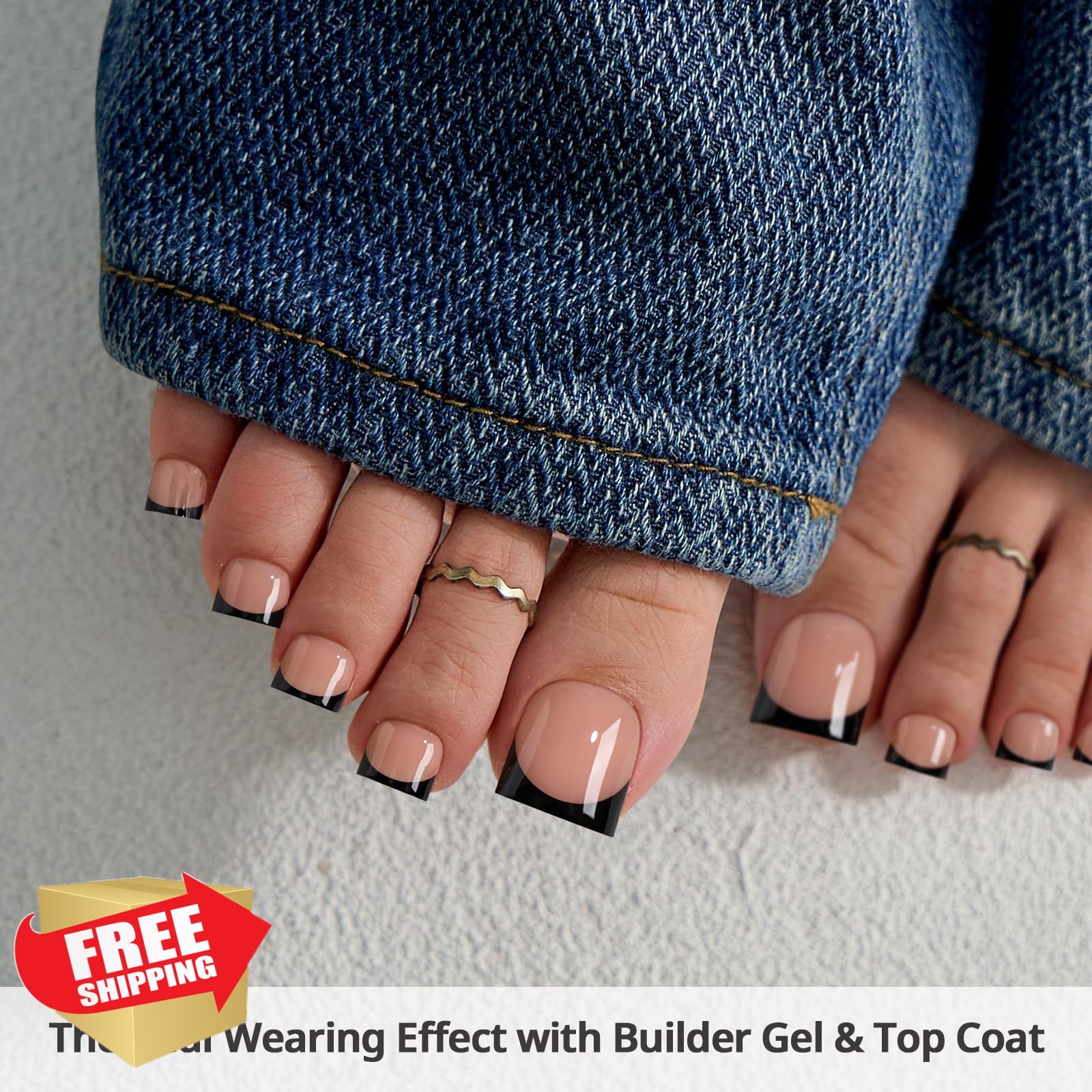 BTARTBOXNAILS Toe Nails Peach Black French Sharp Square S-L 150ct