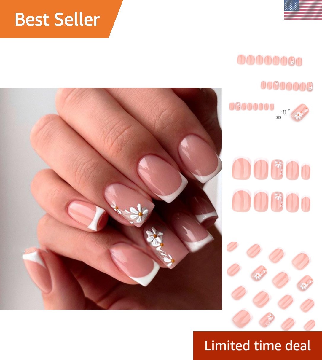 French Nude Press On Nails Short Square, Summer Fake Nails with White French …