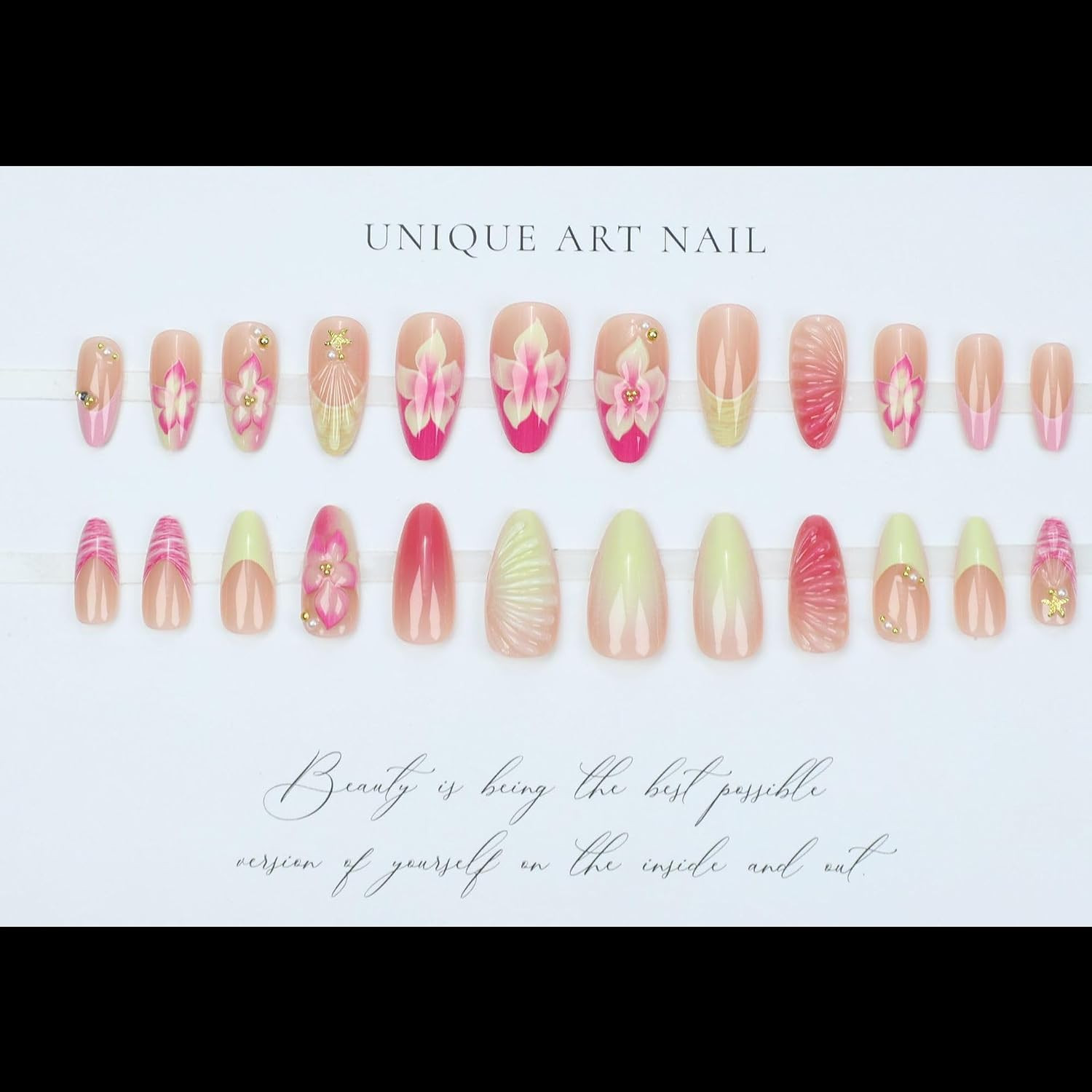 3D Flower Press on Nails Almond Summer Spring Pink Nails Press on French Fake Na
