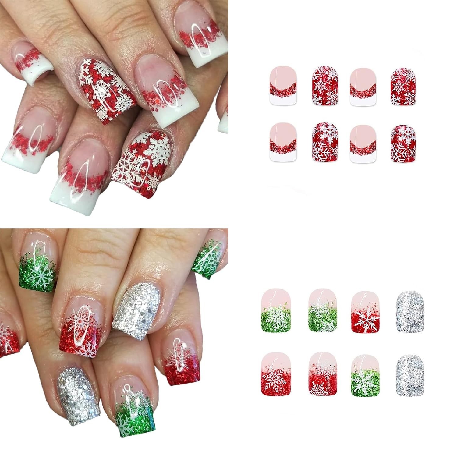 2 Packs 48Pcs Christmas Press on Nails Short Square Fake Nails Red Green Glit…