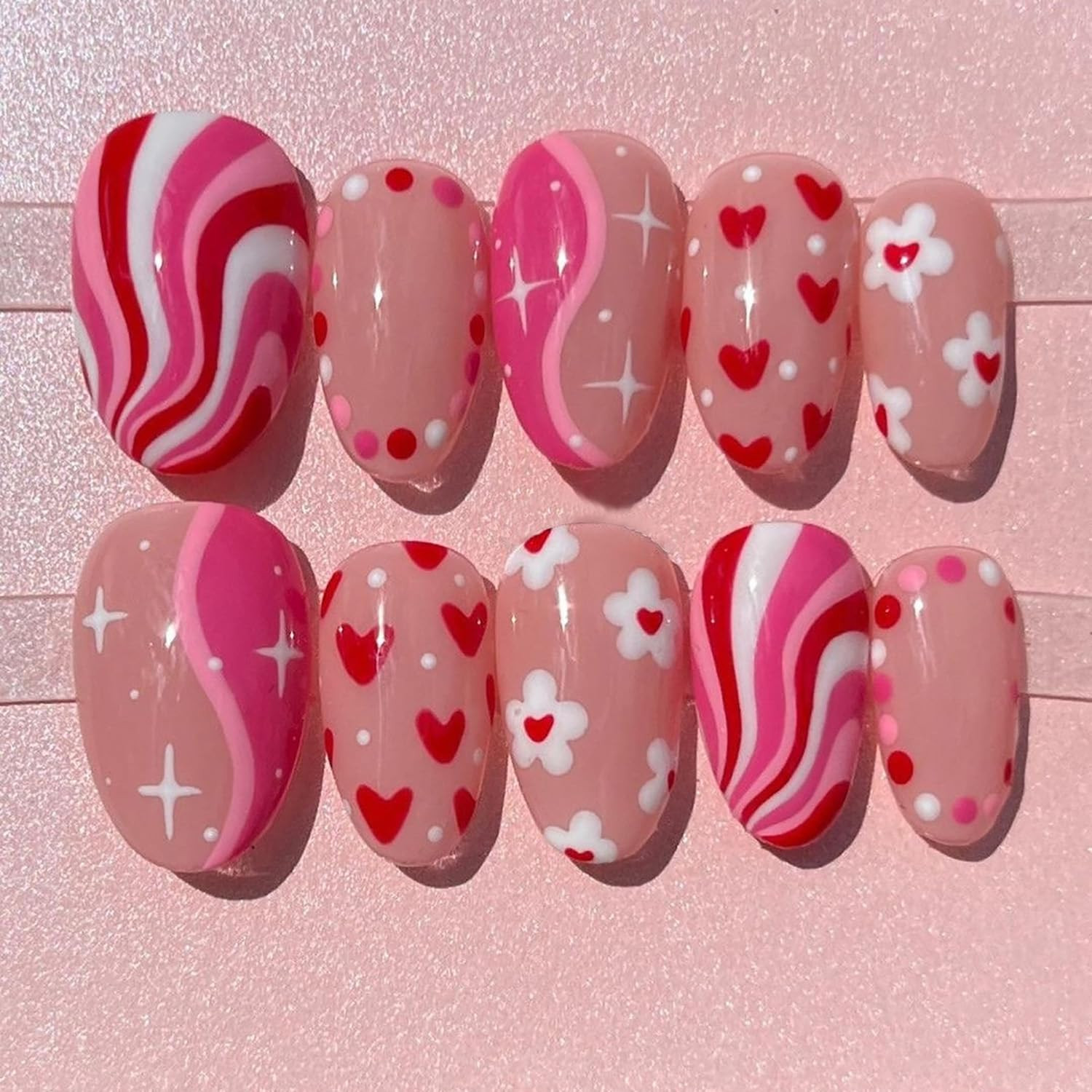 30Pcs Valentines Press on Nails Short Oval Fake Nails with Pink Wavy Stripes Ful