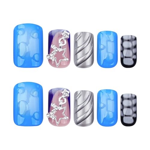 Goth Press on False Nails Short Square Fake Nails Blue French Glue FNG106star