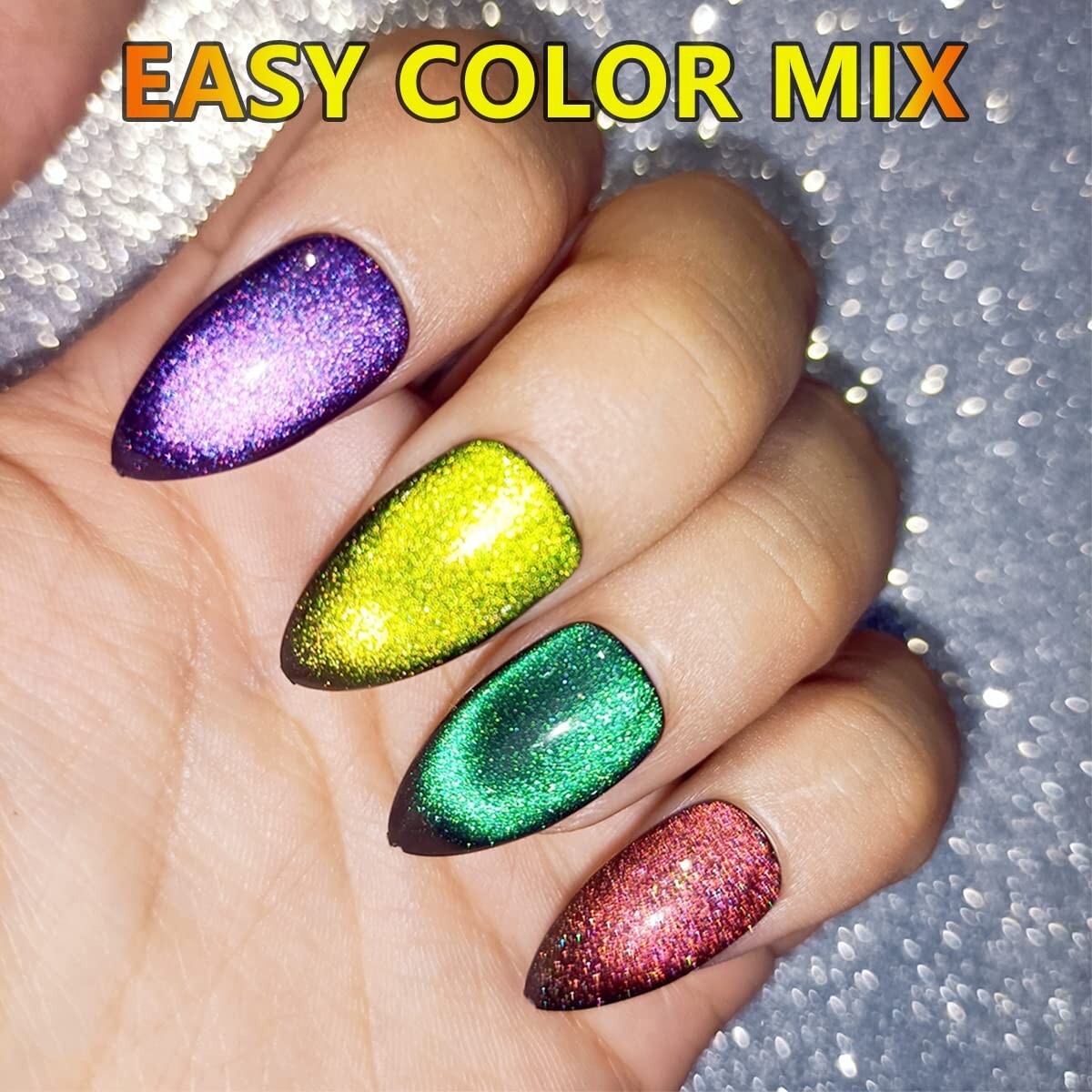 🔥Press On Nails Short Almond Stiletto 4 Sets 100% Handmade Cat Eye Glitter Fake