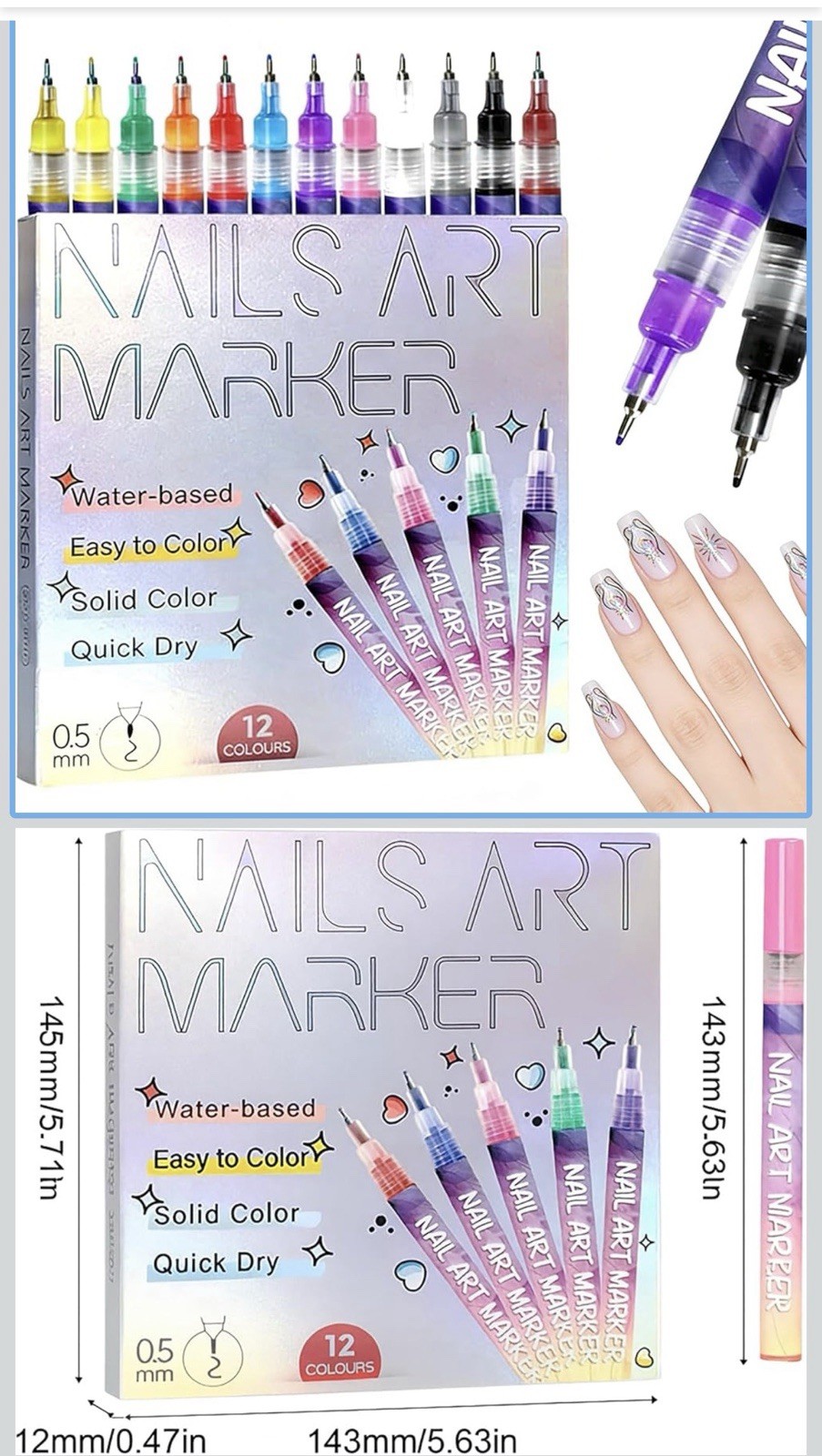 Sealed Nail Art Markers. 12 Colors 0.5 mm, Quick Dry Water Based, Slightly Damag