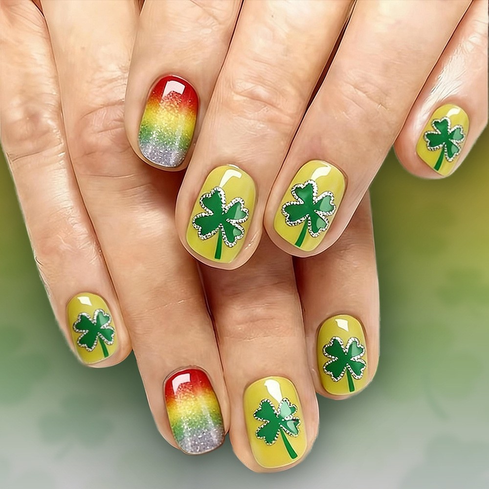 24pcs Green Clover French Press-On Nails. Detachable, Fresh & Festive for Women