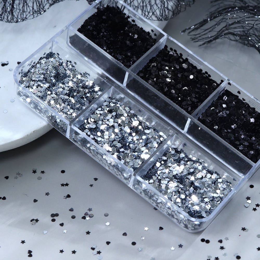6 Grids 1MM Silver Black Nail Glitter Sequins Heart Star Flakes for Nail Art DIY