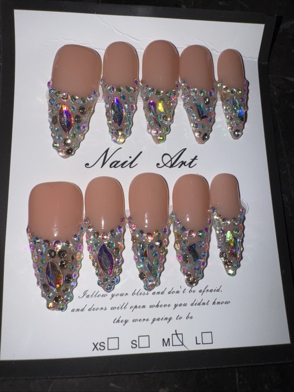Handmade Press On Nails Medium Long Almond Glam Rhinestone Reusable Full Kit