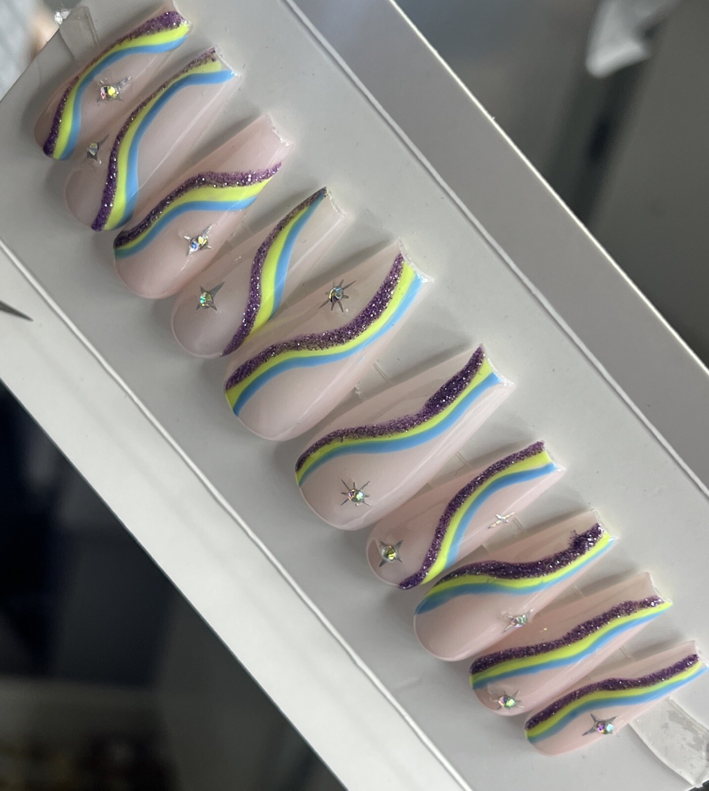 🔥CUSTOM Gel Press On False Nails, Nude W/ Bling ,Long Coffin,10p Mediun NEW