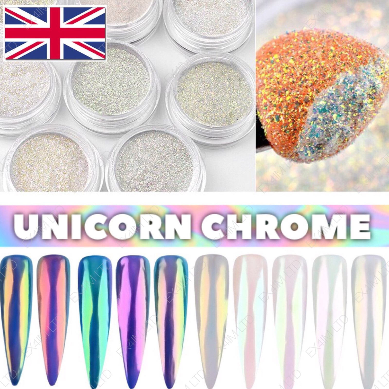 AURORA Nail Powder AB UNICORN RAINBOW 5 Colours CHROME Mirror Effect Mermaid UK