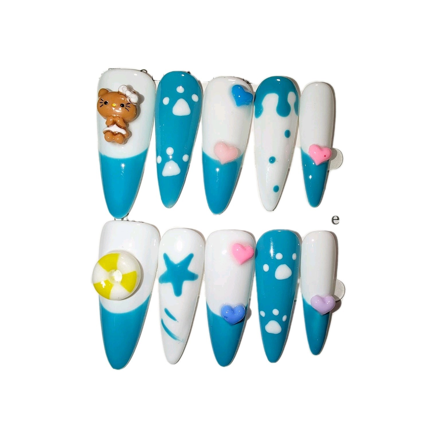 Blue White Pink 3D Animal Heart Star Stiletto Nail Art Charms Press on Nails