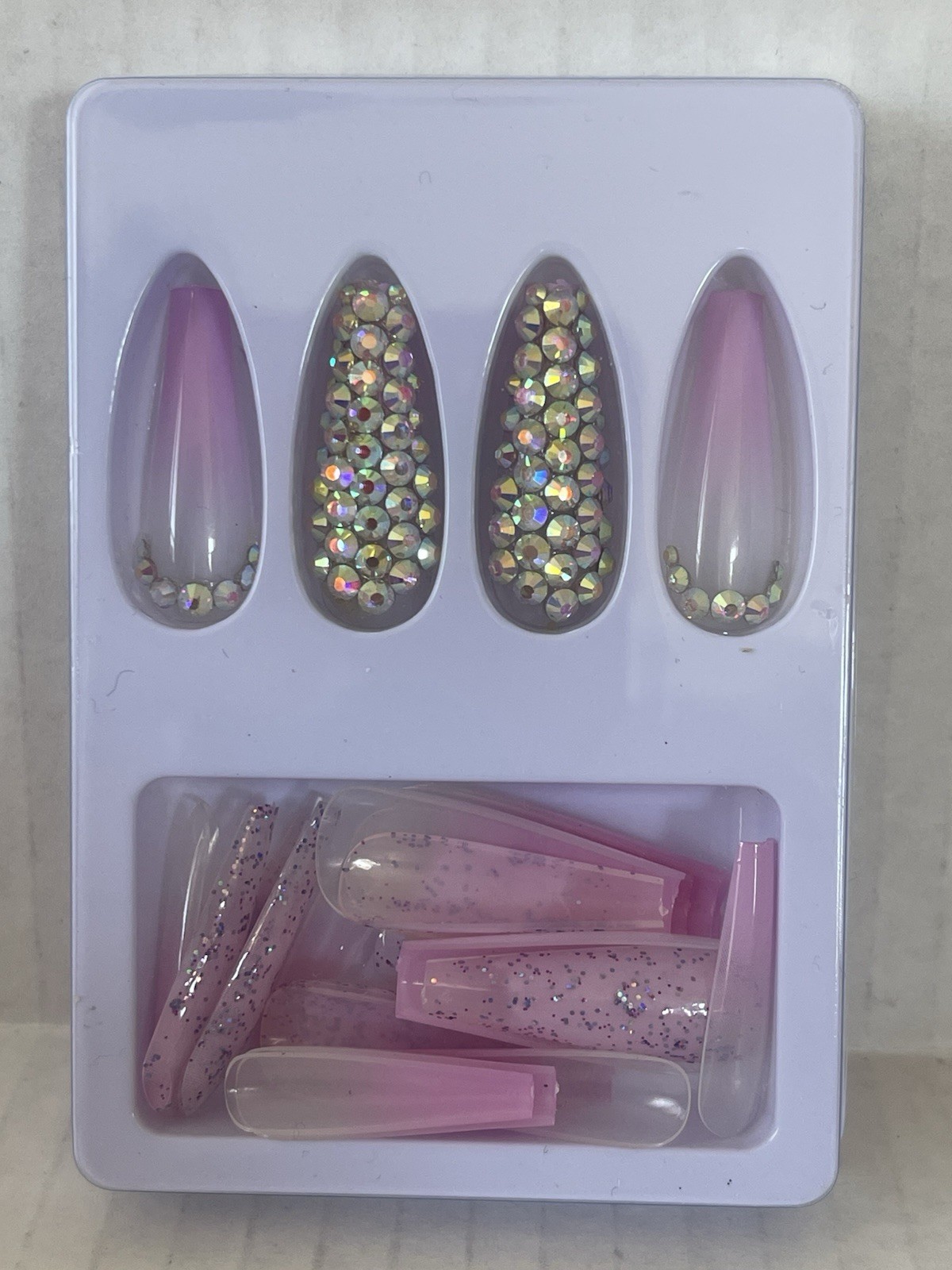 Kikmoya Press On Nails 24 Pc Long Coffin Pink Ombre AB Rhinestone Glam Nail NIB
