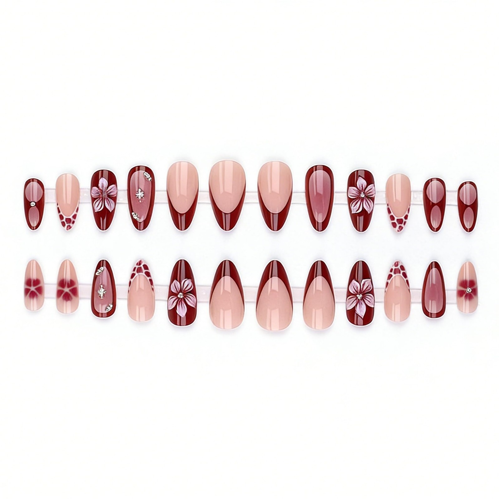 24Pcs 3D Flower French Tip Press on Nails Almond Fake Nails Burgundy Gradient…