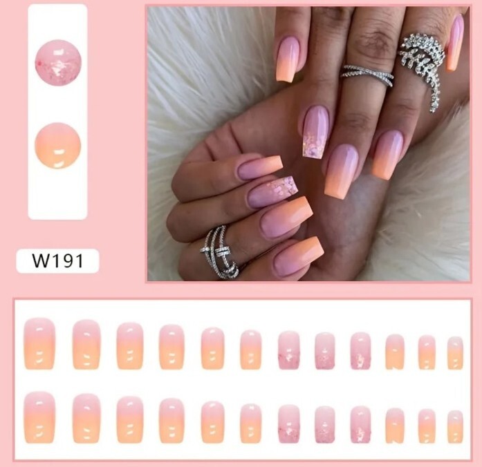 *Brand New* Pink-Orange Ombre Glitter Sunset Press On Fake Nails- Reusable!