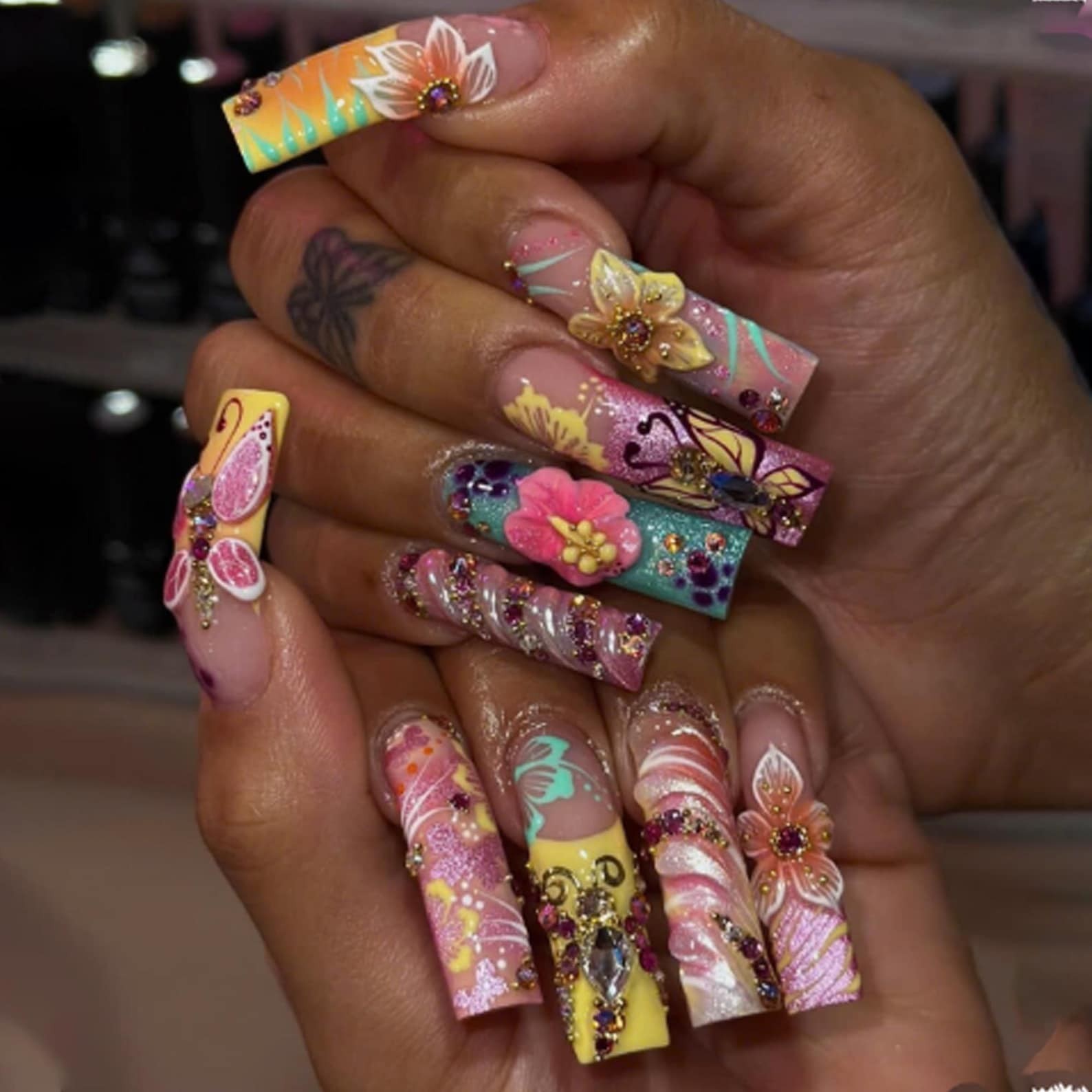 Handmade Colorful 3D Flower Butterfly Rhinestone Long Square Press on Nails