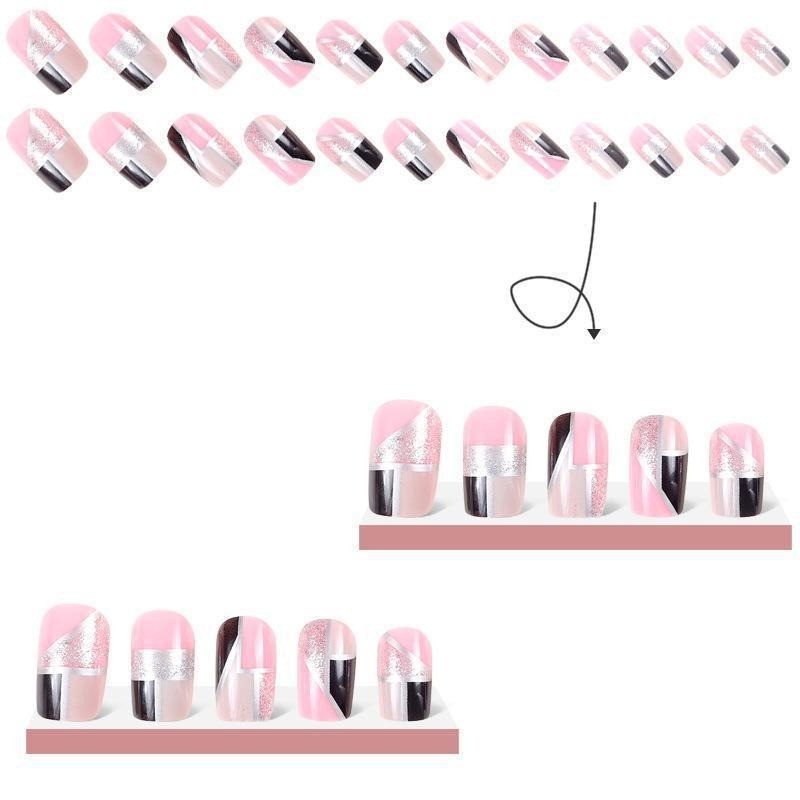 48Pcs-Short Square Press on Nails Pink Black Silver Glitter Geometric Fake Nails