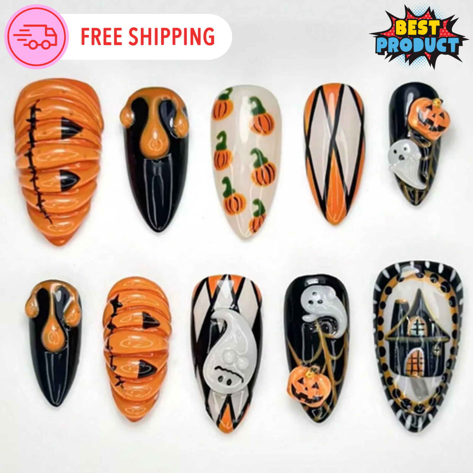 10pcs Halloween Press On Nails For Women & Girls 3D Nail Extenders Haloween Gift