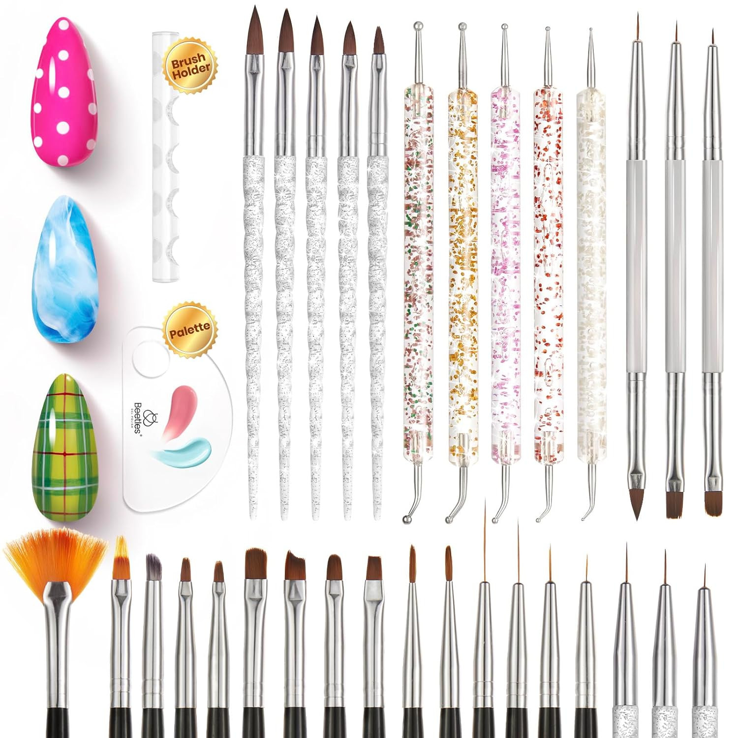 Beetles 31Pcs Nail Art Brushes, Dotting Tools, Nail Art Pens, Dust Brush, Stripi