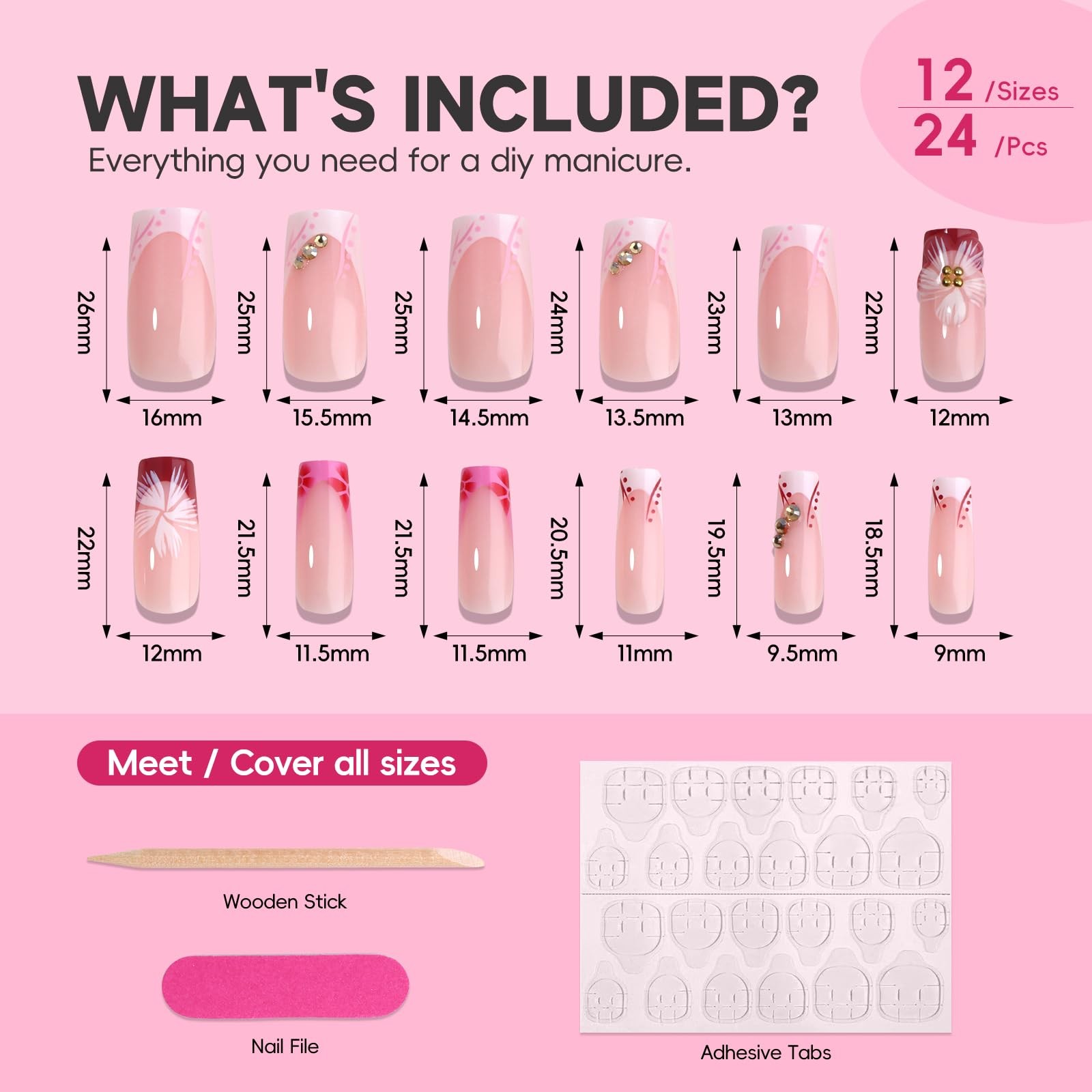 3D Sakura Pink Flower Press on Nails Medium Square, Bright Pink White Floral …
