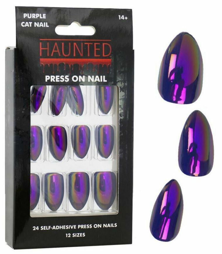 24pc Cosplay Goth Halloween Roleplay Press On Fake Metallic Purple Cat Nails Kit