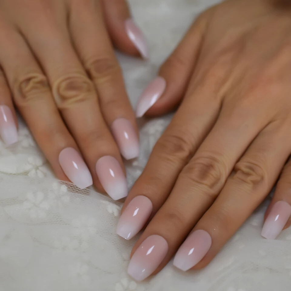 24 Medium Press on Nails kit glue on coffin ombre french pink white
