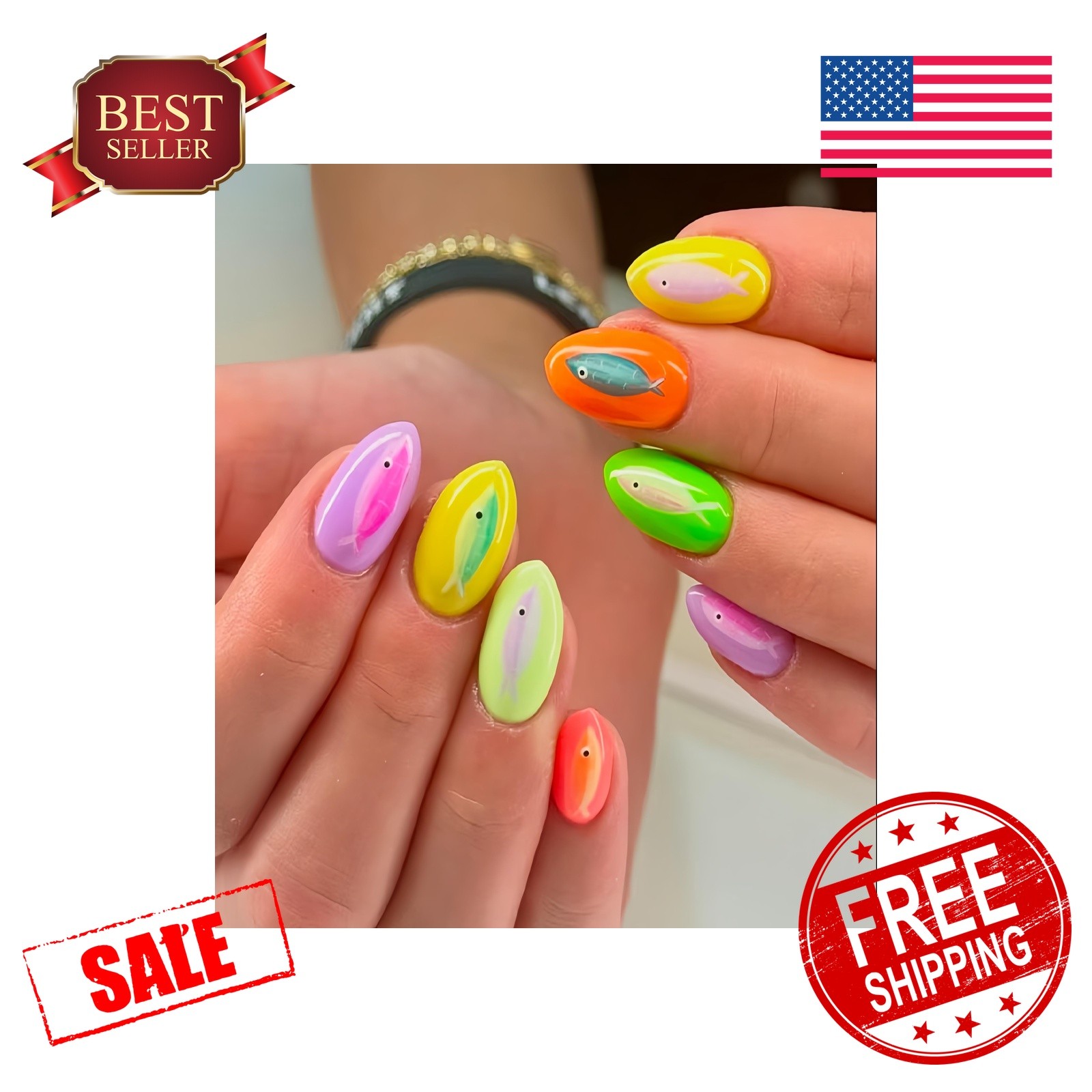 Tephrent Short Almond Press on Nails Little Fish