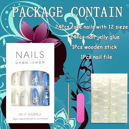 Press on Almond Nails Medium Length Glossy Full Cover Gold Bow Star Beads