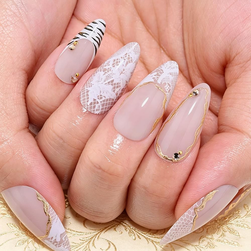 evpct Pale Nude French Almond Short Press on Nails with White Pattern Design,…