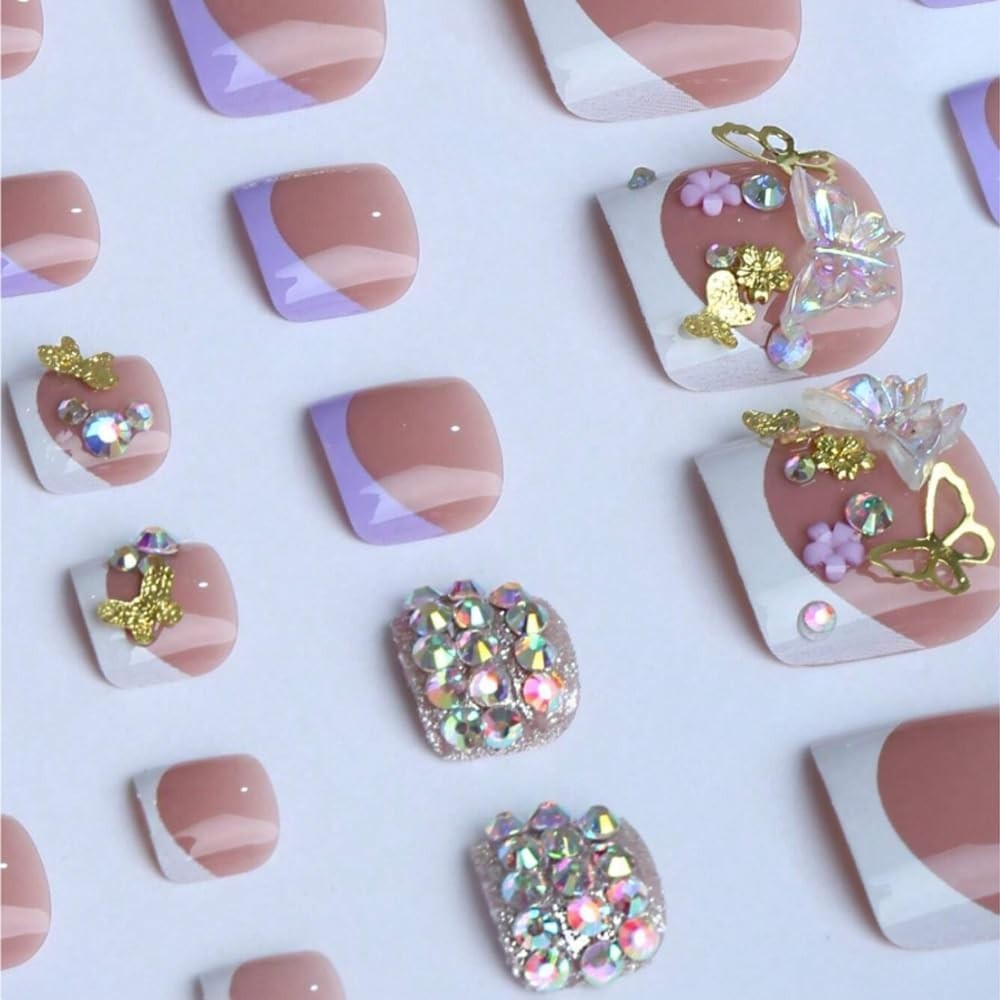 White French Tip Press on Toenails Short Square Fake Toe Nails with Gold style6